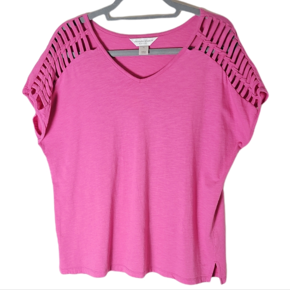 Christopher & Banks women’s L/P pink strappy shoulder v neck short sleeve top